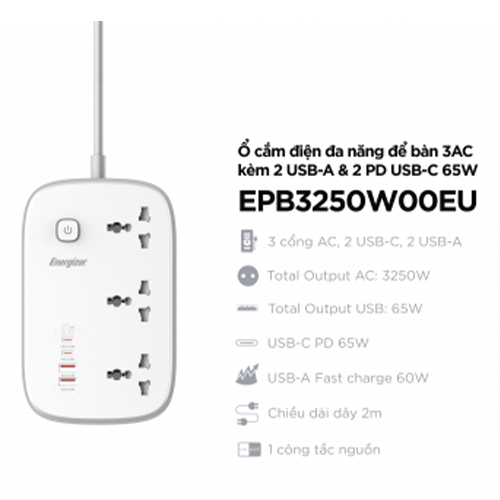 Ổ điện Energizer 3AC PD 65W EPB3250W00EU