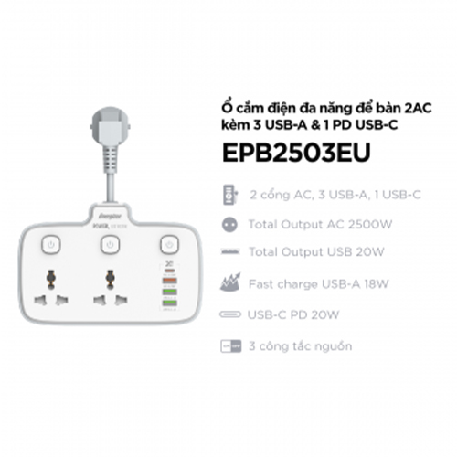 Ổ điện Energizer 2AC PD 20W EPB2503EUWE